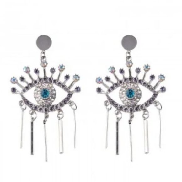 Large Silver Tone Eye Rhinestone Earrings - Picture 2 of 2